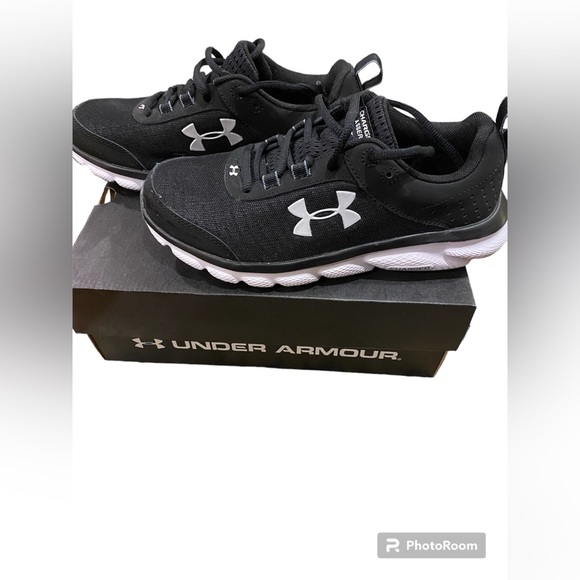 Women’s Under Armor Charged Assert Black and White Sneakers - Picture 1 of 8